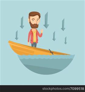 Business man standing in sinking boat and asking for help. Business man sinking and arrows behind his pointing down symbolizing business bankruptcy. Vector flat design illustration. Square layout.. Business man standing in sinking boat.