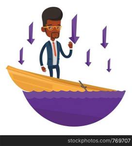 Business man standing in sinking boat and asking for help. Business man sinking and arrows behind him symbolizing business bankruptcy. Vector flat design illustration isolated on white background.. Business man standing in sinking boat.