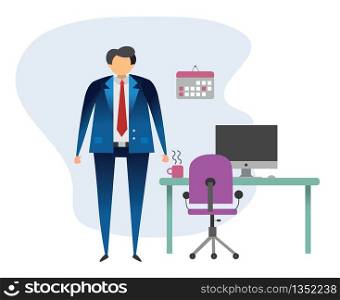 Business man standing in the office, in front of his desk vector illustration.