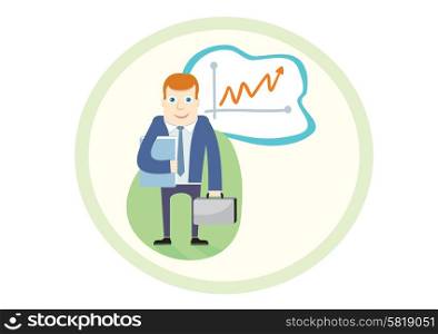 Business man standing pointing at chart and holding case and folder presentation cartoon design style