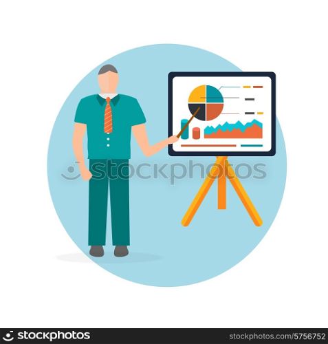 Business man standing pointing at chart and presentation. Businessman presenting important data on a flipchart in flat design style