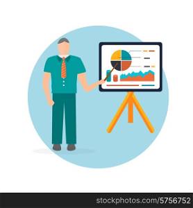 Business man standing pointing at chart and presentation. Businessman presenting important data on a flipchart in flat design style