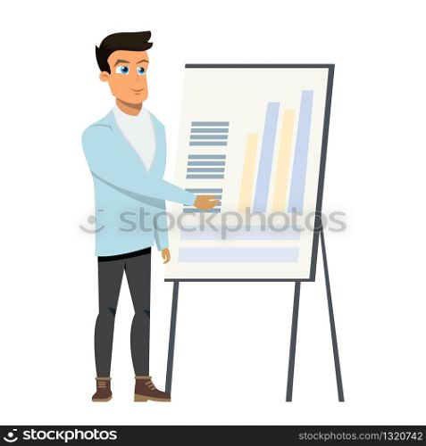 Business Man Standing Pointing to Diagram Chart on Whiteboard. Businessman Cartoon Character Shows Strategy Plan or Report on Flipchart. Flat Vector Illustration. Business Man Pointing Diagram Chart on Whiteboard