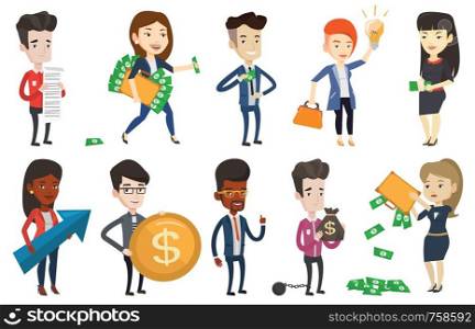 Business man standing with a long bill in hands. Disappointed businessman holding long bill. Businessman looking at long bill. Set of vector flat design illustrations isolated on white background.. Vector set of business characters.