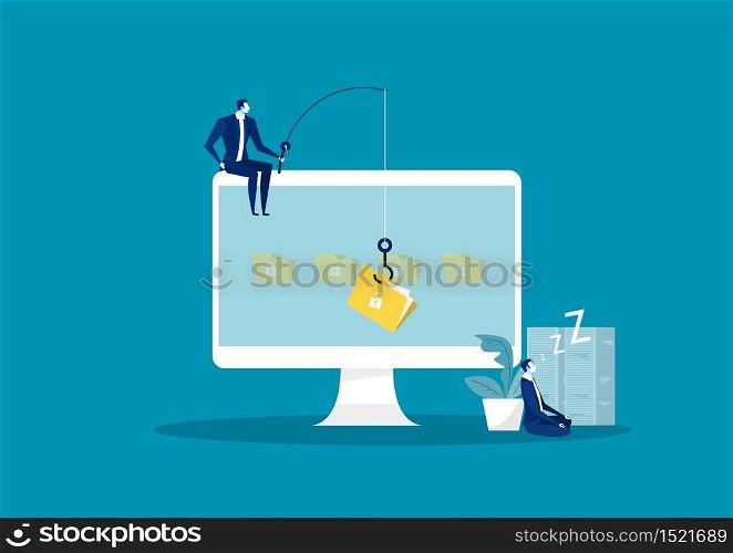 business man steal data ,hacker attack on file vector illustration. Attack hacker to data, phishing and hacking crime