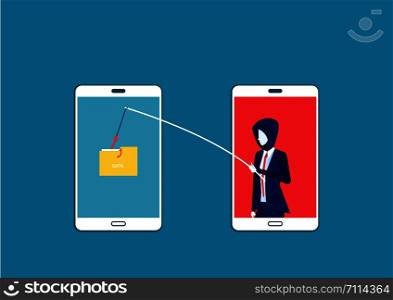 business man steal data ,hacker attack on smartphone vector illustration. Attack hacker to data, phishing and hacking crime