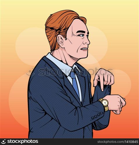 Business man Talk about meetings. Time is important. Illustration vector On pop art comics style Boards background.