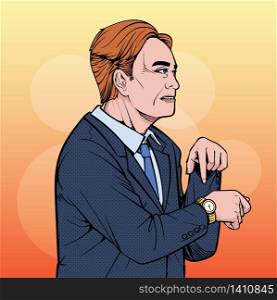 Business man Talk about meetings. Time is important. Illustration vector On pop art comics style Boards background.