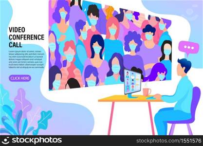 Business man talk to many people in video conferencing, Group of people smart working from home, Social network and teamwork concept, Flat design style modern vector illustration for web.