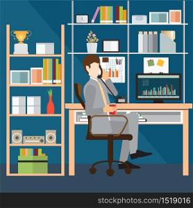 Business man talking on the phone in office, Interior office room, office desk, conceptual vector illustration.