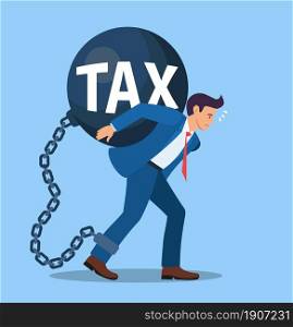 business man taxes carry on shoulder and worry. High Taxes Burden, Financial Load Concept. Vector illustration in flat style.. business man taxes carry on shoulder and worry