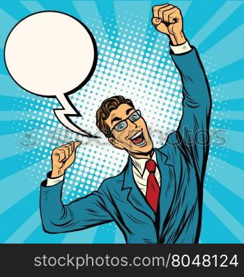 Business man the winner comic bubble pop art retro vector illustration. Business man the winner comic bubble