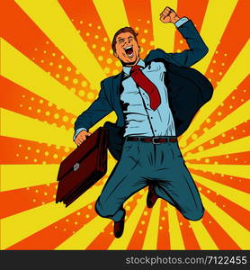 Business man the winner pop art retro vector illustration. Successful businessman jumping for joy. Joyful man with briefcase of money and documents.