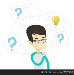 Business man thinking about new idea. Business man standing with question marks and idea light bulb above his head. Business idea concept. Vector flat design illustration isolated on white background.. Asian businessman thinking about business idea.