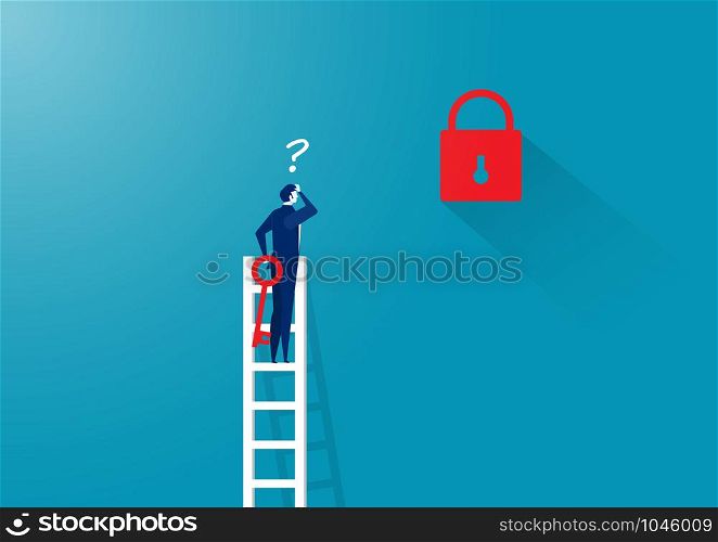 business man thinking unlock on ladder far from key Business challenge concept vector.