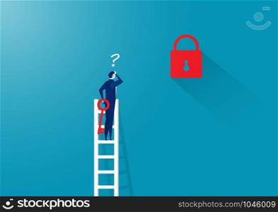 business man thinking unlock on ladder far from key Business challenge concept vector.