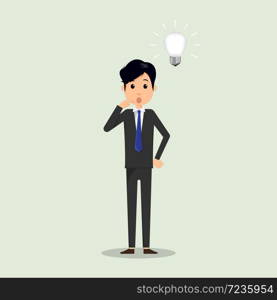Business man thinking with idea in think vector illustration. Business man and bulb in bubble think. Vector illustrator.