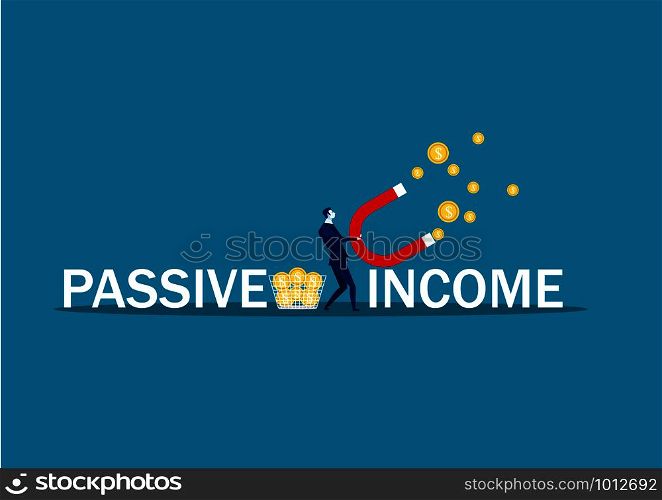 business man try to attract money with magnet passive income word vector illustrator.