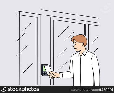 Business man uses key card for open electronic lock on door and gain access to office space. Guy enters buildings by sending key card to device to identify visitors and ensure security. Business man uses key card for open electronic lock on door and gain access to office space