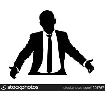 Business man vector silhouette with open arms, vector illustration over white background