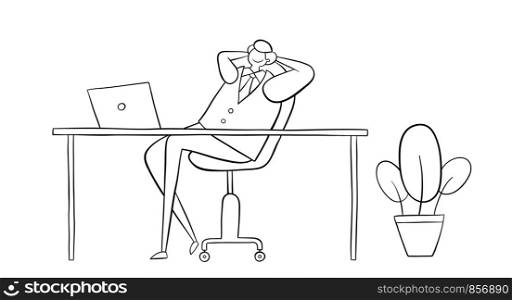 Business man very happy and sitting at his desk. Black outlines and white.