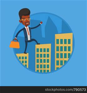 Business man walking on the roofs of city buildings. Business man walking on the roofs of skyscrapers. Man walking to the success. Vector flat design illustration in the circle isolated on background.. Business man walking on the roofs of buildings.