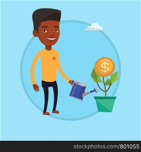Business man watering financial flower. Business man investing in future financial safety. Business man taking care of finances. Vector flat design illustration in the circle isolated on background. Man watering money flower vector illustration.