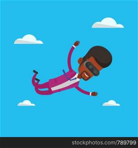 Business man wearing virtual reality headset and flying in the sky. Man in vr device having fun while playing videogame. Man flying in virtual reality. Vector flat design illustration. Square layout.. Man in vr headset flying in the sky.