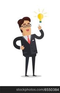 Business man with a bulb isolated on white. Businessman with ideas. Happy funny cartoon character. Male in expensive suit with lightbulb over his head. Vector illustration in flat design style. Man with Bulb Isolated. Businessman with Ideas.