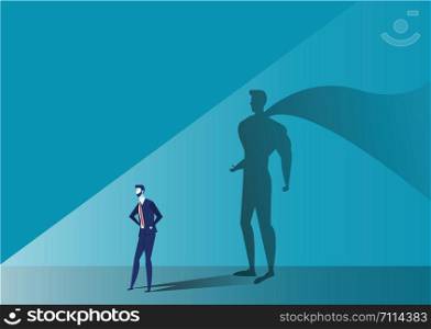 Business man with big shadow superhero on blue background