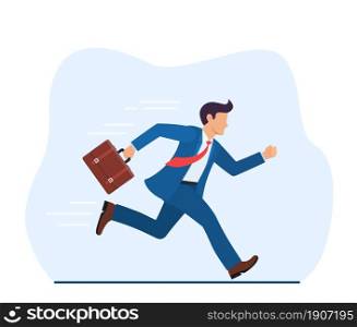 Business man with briefcase running fast with waving necktie. Late business person rushing in a hurry to get on time. Vector illustration in flat style.. Running businessman with briefcase.