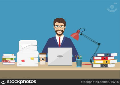 Business man with office things. Management concept. Office Working. Vector illustration in flat style. Business man with office things.