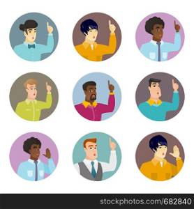 Business man with open mouth pointing finger up. Business man with open mouth came up with successful business idea. Set of vector flat design illustrations in the circle isolated on white background.. Vector set of business characters in the circle.