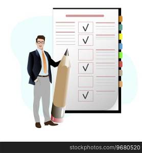 Business man with pencil check to do list. Clipboard with check, business plan checklist, checkmark achievement goal, vector illustration