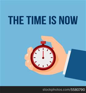 Business man with stop watch the time is now management poster vector illustration