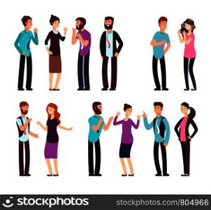 Business man, woman, and people have conversation, discussion, talking and listening. Cartoon vector characters set. Woman and man team communication illustration. Business man, woman, and people have conversation, discussion, talking and listening. Cartoon vector characters set