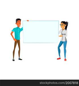 Business man woman with empty banner. Corporate poster. Dialog cloud banner. vector character flat cartoon Illustration. Business man woman with empty banner vector