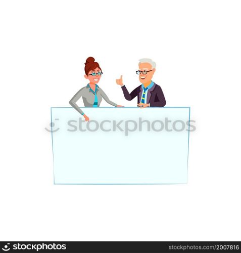 Business man woman with empty banner. Crowd with background. Blank postcard banner. vector character flat cartoon Illustration. Business man woman with empty banner vector