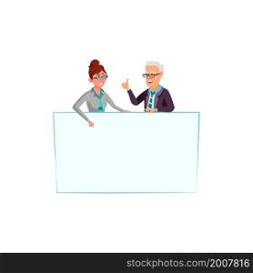 Business man woman with empty banner. Crowd with background. Blank postcard banner. vector character flat cartoon Illustration. Business man woman with empty banner vector