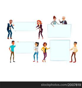 Business man woman with empty banner set. Person with placard. Crowd with background. Young team. Corporate poster. Teamwork template. vector character flat cartoon Illustration. Business man woman with empty banner set vector
