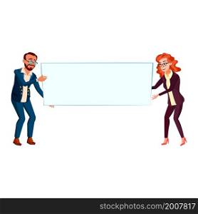 Business man woman with empty banner. Young team. Promotion worker banner. vector character flat cartoon Illustration. Business man woman with empty banner vector