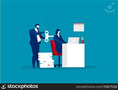 Business Man work hard with wind-up key concept vector