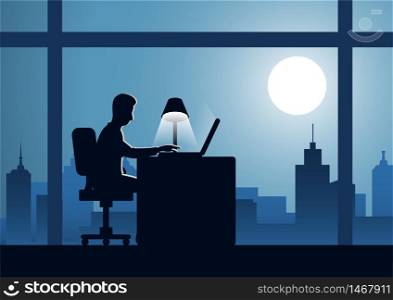 business man work overtime hard with laptop to complete his work with cityscape background on night time,silhouette style