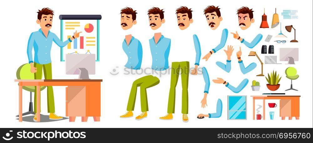 Business Man Worker Character Vector. Working Male. Office Worker. Animation Set. Clerk, Salesman, Designer. Face Emotions, Expressions. Cartoon Illustration. Business Man Worker Character Vector. Working Male. Office Worker. Animation Set. Clerk, Salesman, Designer. Emotions Expressions Cartoon Illustration