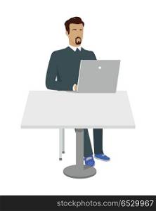 Business Man Working with Laptop in Office. Business man working with laptop in office. Man in blue sweater sitting at the table and using laptop. Businessman at the workplace. Isolated object in flat design on white background.
