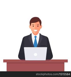 Business man working with laptop on the desk vector illustration