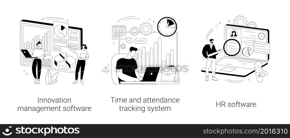 Business management abstract concept vector illustration set. Innovation management software, time and attendance tracking system, HR software, working time tracker, payroll system abstract metaphor.. Business management abstract concept vector illustrations.