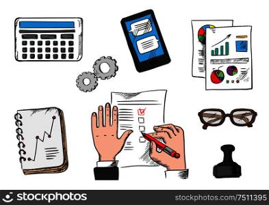 Business, management and office icons with businessman completing a check list surrounded by analytical graphs, charts, calendar, hand stamp and tablet. Business, management and office icons
