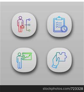 Business management app icons set. Employee skills, time management, presentation, finding solution. UI/UX user interface. Web or mobile applications. Vector isolated illustrations. Business management app icons set