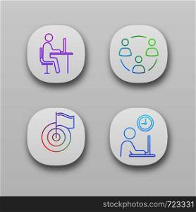 Business management app icons set. Remote job, teamwork, achievement, working hours. UI/UX user interface. Web or mobile applications. Vector isolated illustrations. Business management app icons set